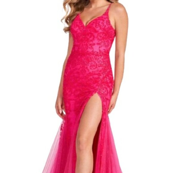 NWT Colette for Mon Cheri CL2024 Novelty Lace/Tulle Prom Dress Hot Pink Size 8 - Picture 1 of 10